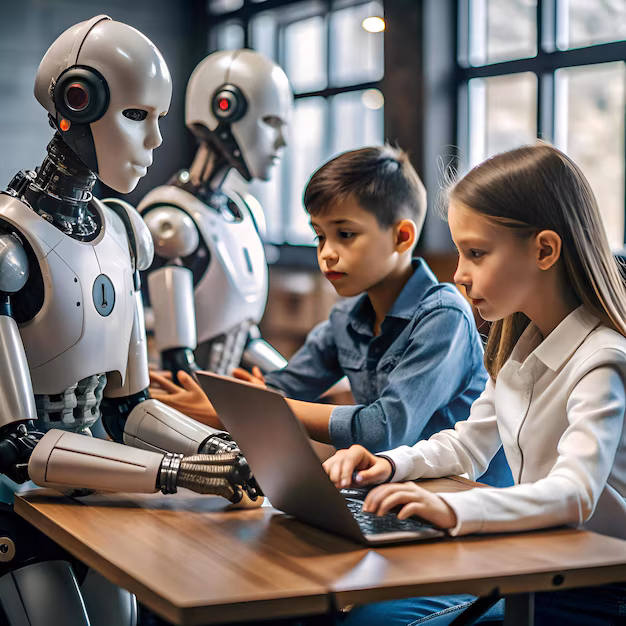 AI robot helping student in futuristic classroom - A futuristic classroom with a humanoid robot assisting two ...