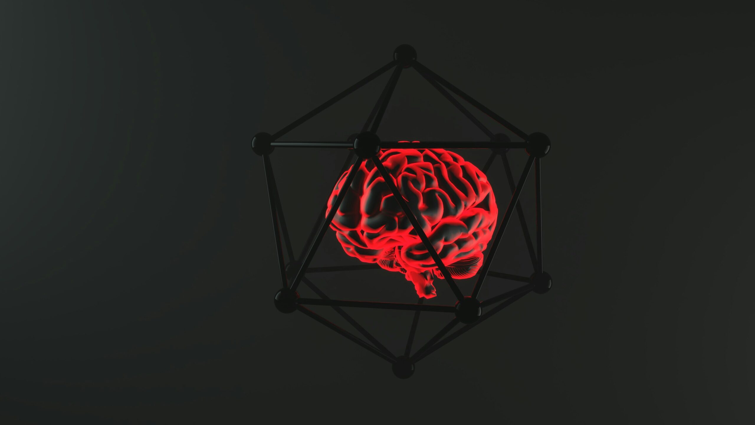 AI brain with broken chain - Glowing brain encased in a geometric structure.