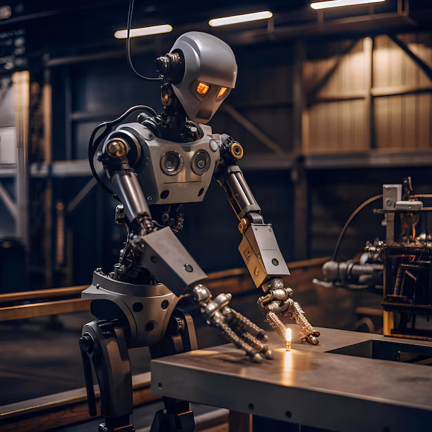 Robotic arm performing a delicate task - A futuristic robot in an industrial setting performs a delicate ...