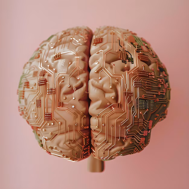 Neural network on circuit board - Closeup of a human brain with a neural network printed circuit ...
