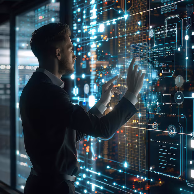 Holographic data interface - Businessman interacting with a holographic data interface ...