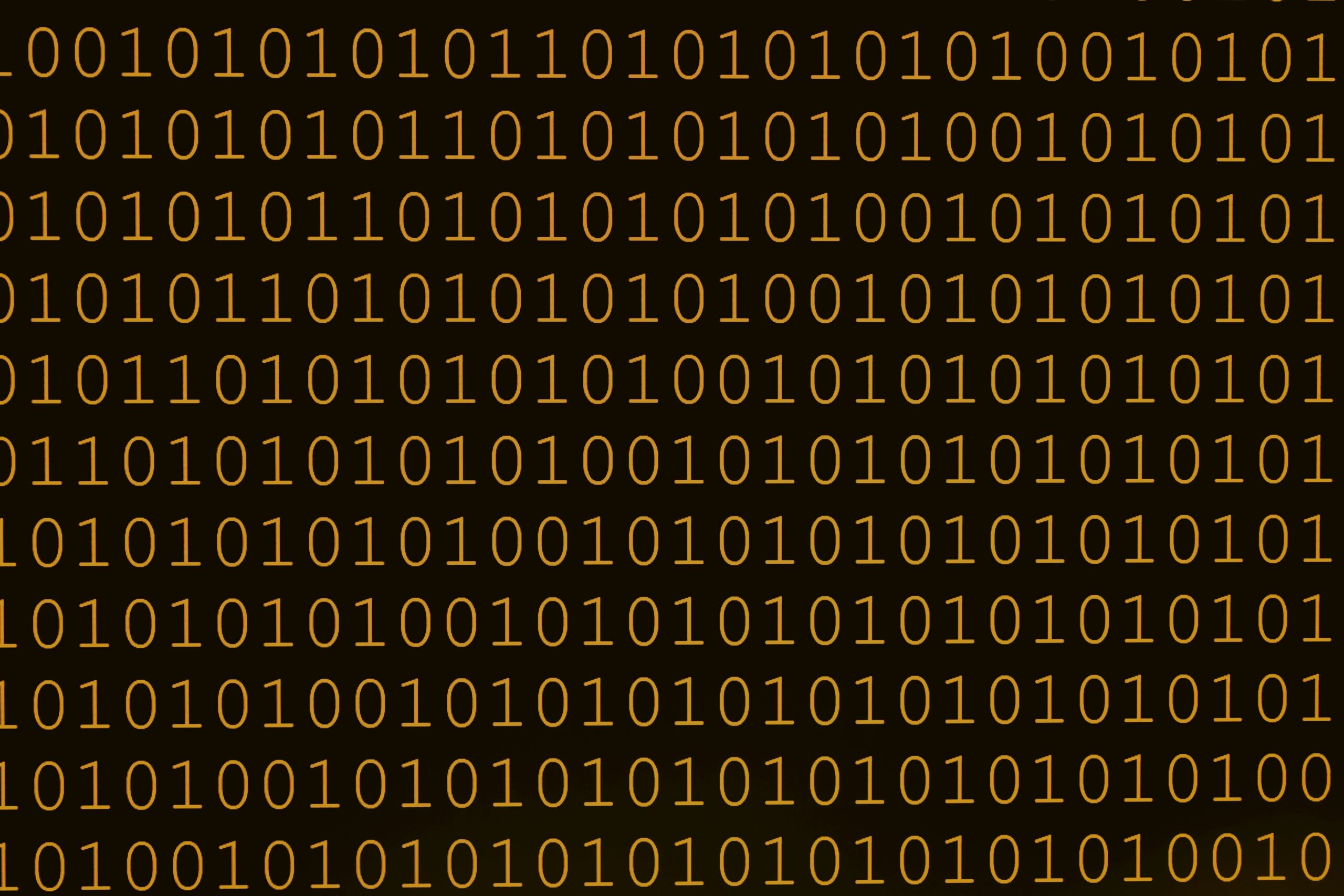 Artificial intelligence processing binary code - a yellow and black background