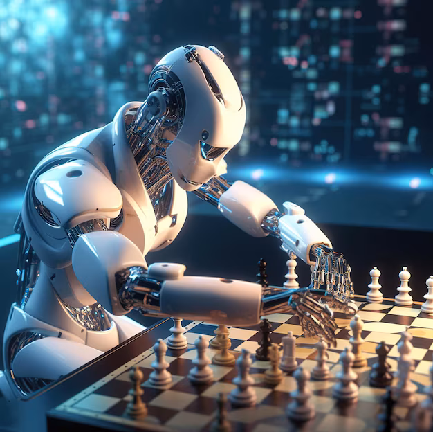 Robot playing chess - A robot playing chess with a chess board in the background ...