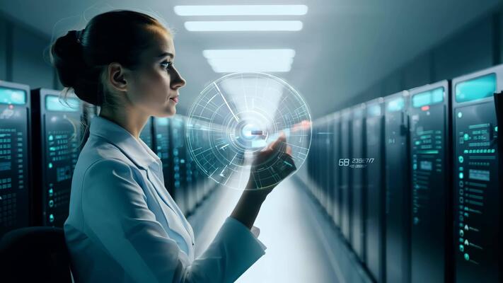 futuristic server backend - Woman IT specialist engineer system administrator server room ...