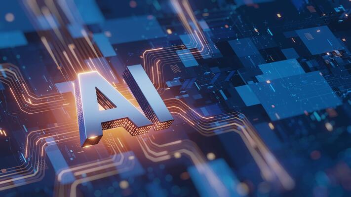 Glowing neural network on circuit board - 3D AI text futuristic circuit board background. Glowing data lines ...