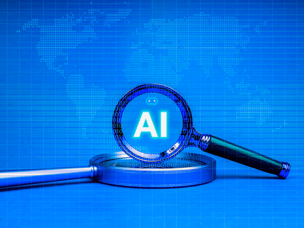 Magnifying glass over digital text - Ai search engine concept ai text with bot icon glowing in ...