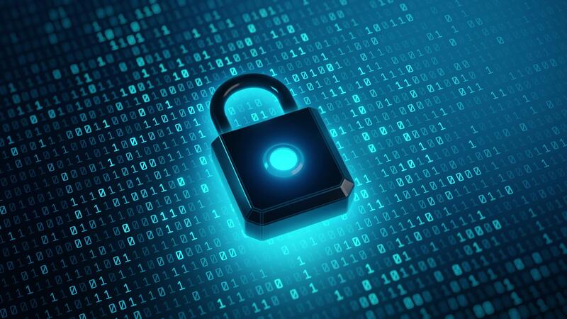 Padlock on binary code - A futuristic glowing padlock sits atop a matrix of binary code ...