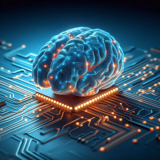 AI brain circuit board - A realistic rendering of a human brain on a circuit board a symbol ...