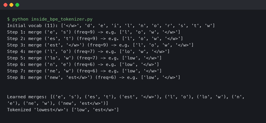 Terminal output for Inside the BPE Tokenizer: How GPT Splits Words Into Subword Units