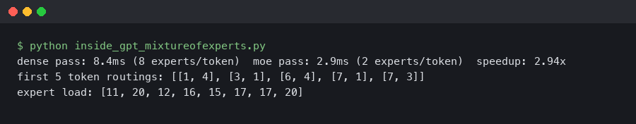 Terminal output for Inside GPT Mixture-of-Experts Routing: Why Two Experts Per Token Beat Dense Forward Passes